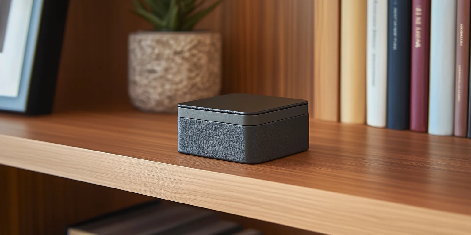 A closed grey metal ring box sits on a wooden shelf.